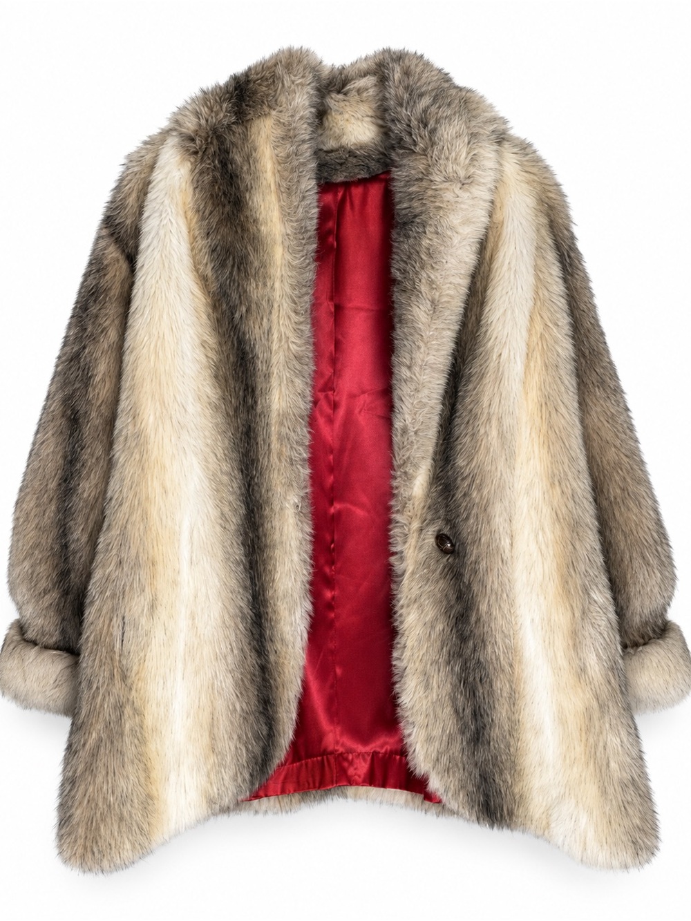 Plush Faux Fur Trench Coat in Brown & Cream with Red Lining